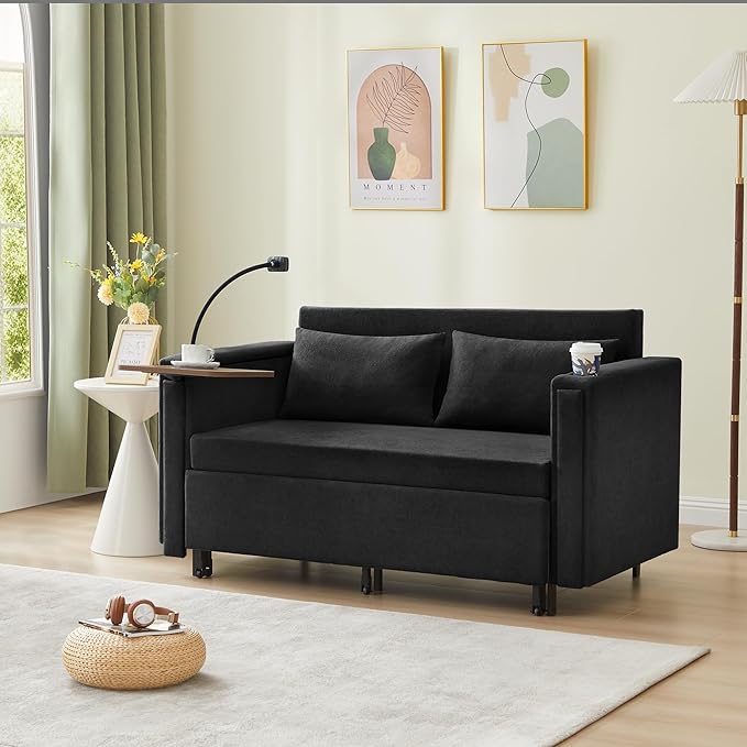 ORRD Pull Out Sofa Bed, 2-in-1 Multi-Functional Sleeper Couch Small Loveseat Bed with Hidden Side Table, Phone Holder and Cup Holder for Living Room, Small Space, Apartment (Black)