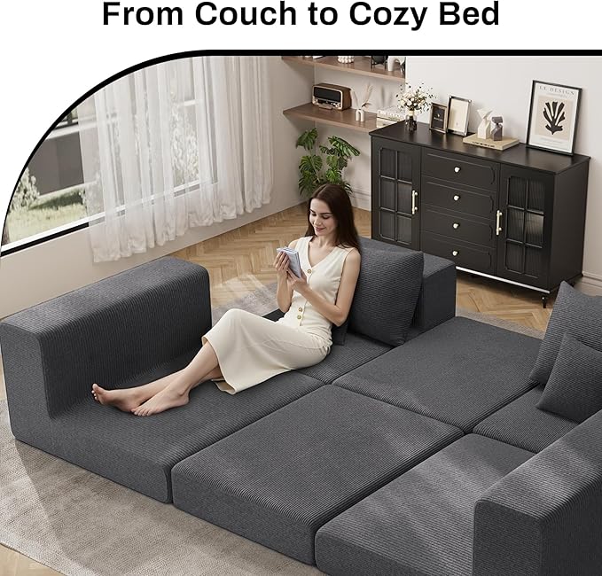 DAMAIFROM 80" Convertible Sleeper Sofa Bed with Soft Pillow, Corduroy Folding Mattress Couch with L-Shape Chaise, Modular Floor Sofa Lounge Couch for Living Room Bedroom Lounge (Grey)