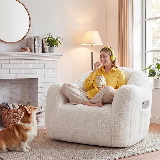 Homkdom Bean Bag Chair, Giant Bean Bag Chair for Adults, Shell-Shaped Bean Bag Couch with Armrests & Side Pockets, Comfy Beanbag Lazy Couch Reading Chair for Bedroom, Living Room, Beige