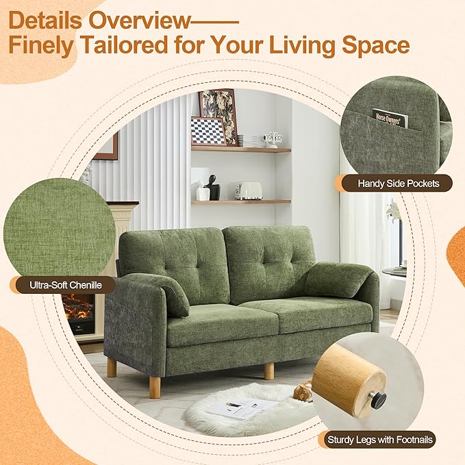 WUTUTUEE 65" Chenille Loveseat Sofa, Modern 2-Seater Love Seat Couch with Armrest Pillows, Storage Pockets, Easy Assembly, Upholstered Tufted Loveseat Couches for Living Room Bedroom, Green