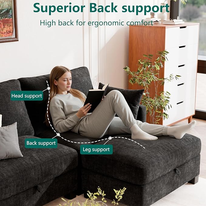Modular Sectional L Shaped Sofa Couches for Living Room, Cloud Couch with Storage Ottoman, Comfy Chenille Sofa with Pillow, Black