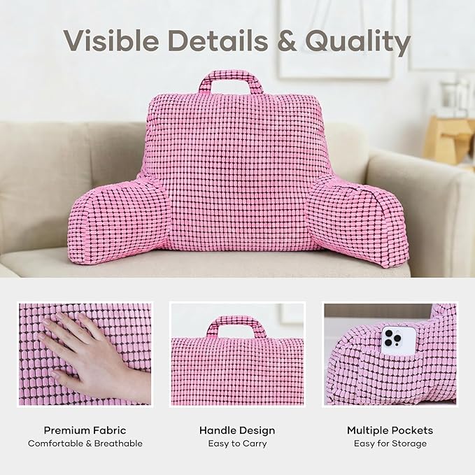 NOONTIDE Reading Pillow L-Size with Top Handle, Uniquely Designed Soft Fabric, Ergonomic Back Support for Bed, Couch & Reading, Comes with a Bag of Filling for Adjustable Firmness (Pink)