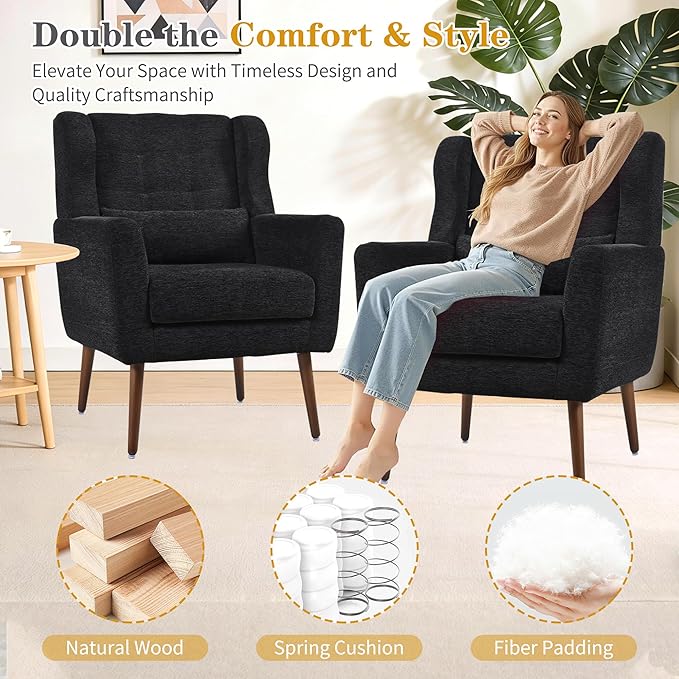 QKFF Accent Chair Set of 2, Upholstered Armchair with Pillow, Fabric Single Sofa Chair with Lounge Seat and Wood Legs Accent Chair for Living Room Small Spaces (Black, Set of 2)