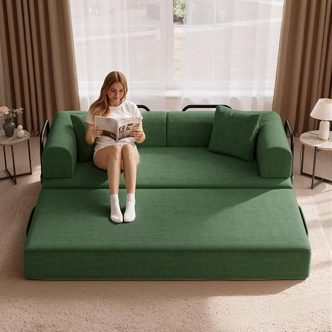Convertible Corduroy Sleeper Sofa Bed with Cylindrical Pillows,Convertible Mattress Sofa with Fixed Shape Frame, Living Room Bedroom Lounge Studio Use Floor Sofa Lounge,Green