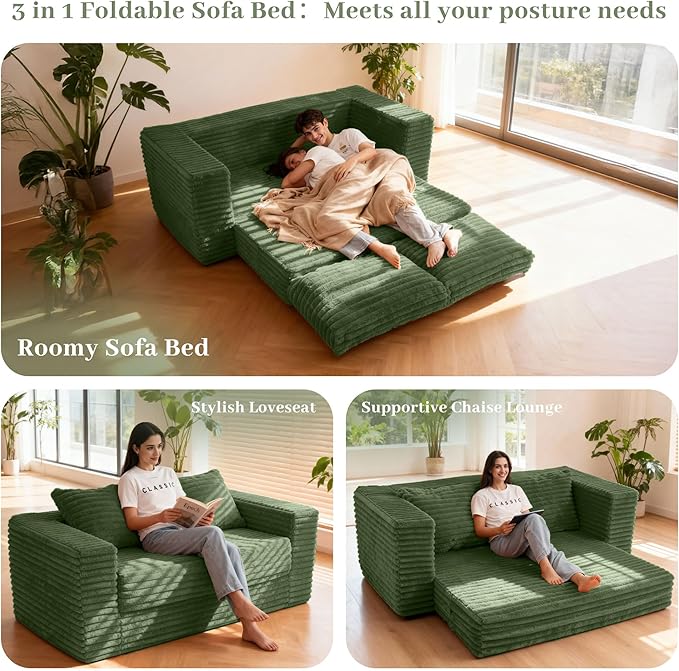 HABUTWAY Convertible Folding Sofa Bed Couch,3 in 1 Pull Out Couch Bed,Loveseat Sleeper Sofa Bed,Boneless Couches with Pillows for Living Room Bedroom, Green