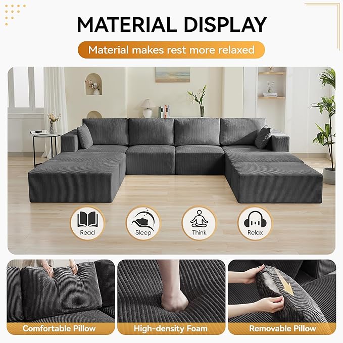 146'' Oversized Boneless Sofa Bed, 4 Seater Modular Sectional Couch with 4 Moveable Ottoman, No Asswmbly Corduroy Compression Sofas with Chaise for Home House, Grey