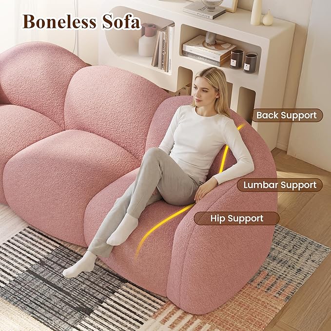 WJShome 90" Boneless Cloud Couch, Modern Curved Upholstered Boucle Sofa, Deep Seat Cozy 3 Seater Sofa, Plush Teddy Velvet Couches for Living Room, Bedroom, Apartment (Pink)