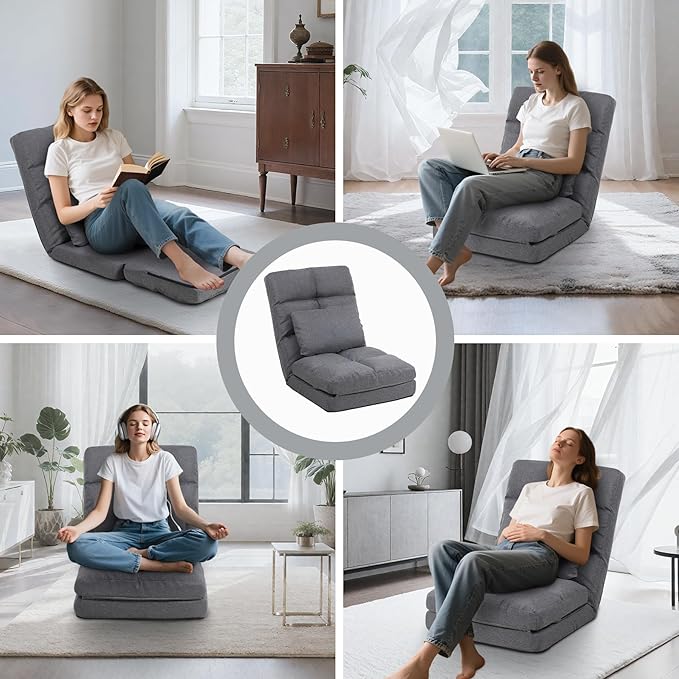 Chaise Lounge Indoor, 14-Position Floor Chair with Padded Pillow for Adults Kids, Folding Lazy Sofa Chair for Living Room, Bedroom, for Gaming Reading (Grey)