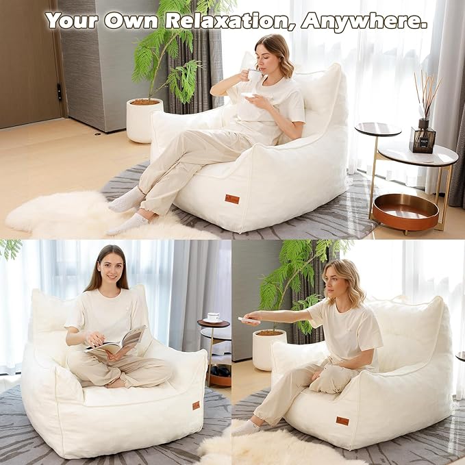 Giant Bean Bag Chair, Beanbag Chairs for Adults, Teens & Kids, Comfy Sofa Chair with Handle & Filling for Living Room, Reading & Gaming, Non-Slip(White-XL)