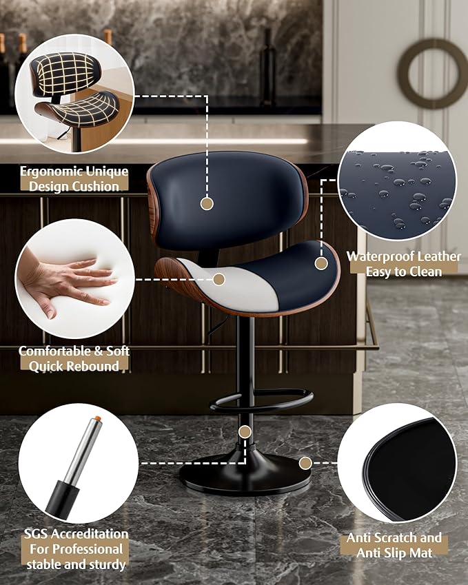 Aowos Bar Stools Set of 3, Adjustable Swivel PU Leather Bar Stools for Kitchen Island, Mid Century Modern Counter Height Barstools with Back & Footrest (Blue)