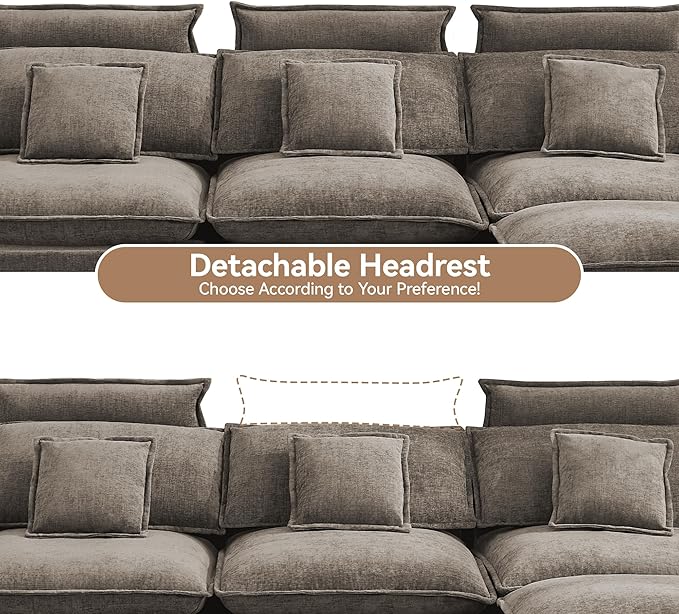103'' Cloud Modern 3 Seater Couch with Detachable Headrest, Modular Sectional Sofa with Ottomant, Oversized L Shape Chenille Comfy Sofa with Armrests for Living Room, Brown