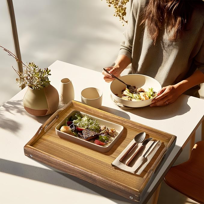 Utoplike Acacia Bed Tray for Eating, Breakfast Trays with Foldable Legs for Bed, Wood Folding Serving Table for Sofa