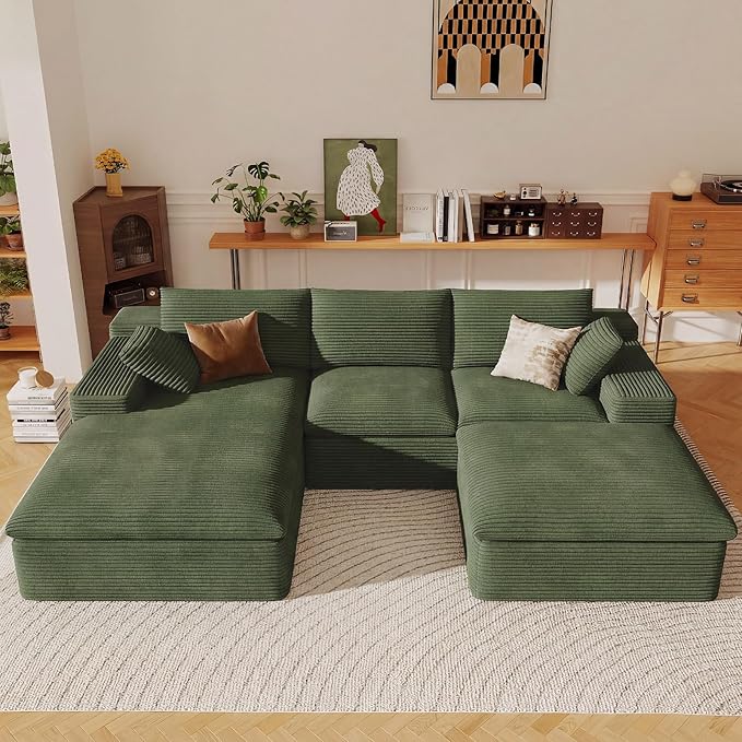 107" Cloud Sectional Couch with U-Shaped Chaise,Corduroy Viral Boneless Sofa with Ottoman,Memory Foam Couches in a Box with Deep Seat for Living Room,No Assembly Required (Green,Left-Facing Chaise)