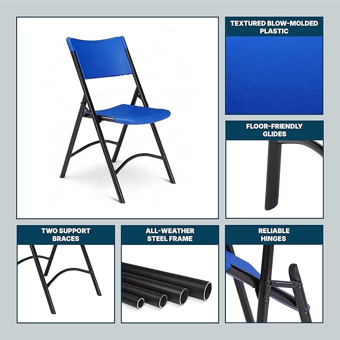 OEF Furnishings OEF600 Series High Back Folding Chairs, Blow-Molded Polyethylene Commercial-Grade Seating for Indoor and Outdoor Use, 500 lb Weight Capacity, 4-Pack (Blue)