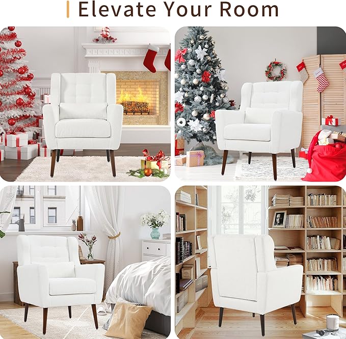 QKFF Accent Chair Set of 2, Upholstered Armchair with Pillow, Teddy Single Sofa with Lounge Seat and Wood Legs for Living Room Small Spaces