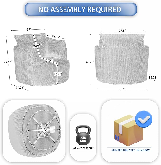 Chorlenimi Swivel Accent Chair Round Barrel Armchair Upholstered Living Room Chair Corduroy Reading Chair Single Sofa Chair for Bedroom Apartment Office (Grey, Standard 1Seater)