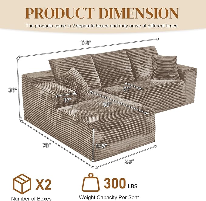 108" Boneless Cloud Sectional Couches for Living Room, Comfy Fluffy L Shaped Memory Foam Deep Seat Boneless Couch, Modular Sectional Sofa with Left Facing Chaise, Brown