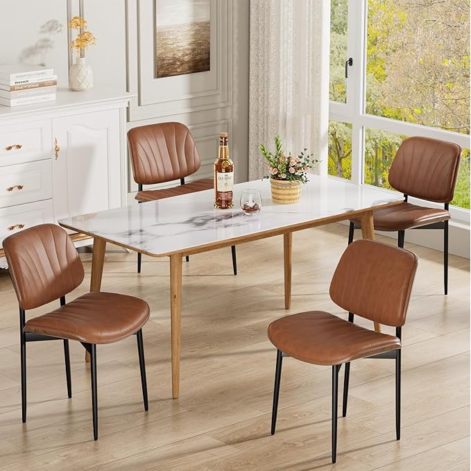 Dining Chairs Set of 8, Mid-Century Modern Upholstered PU Leather Chairs with Walnut Bentwood Back and Metal Legs Adjustable Feet for Kitchen Dining Room, Camel Shell Strips