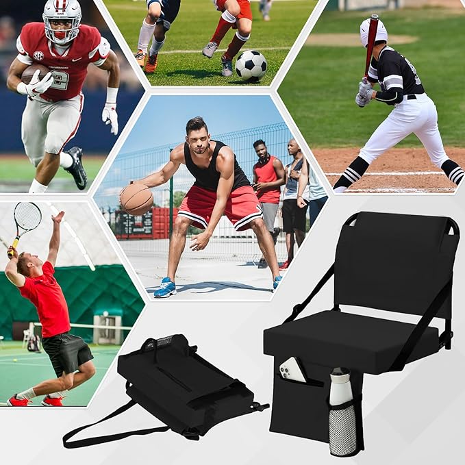 2pcs Stadium Seat for Bleachers with Back Support，Portable Bleacher Chairs with Back and Cushion，Includes Shoulder Strap and Cup Holder