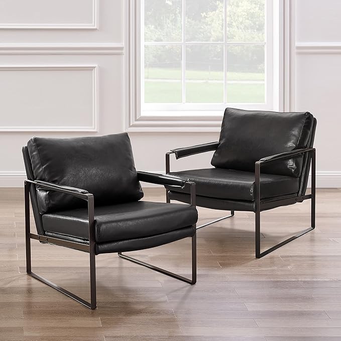 Zouron PU Leather Accent Chair for Bedroom, Living Room Chairs Modern Contemporary Upholstered Armchair with Metal Frame, for Living Room, Office, Reception Area, Set of 2, Black