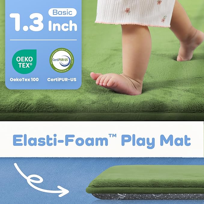 PAPAMAT 1.3" Thick Baby Floor Play Mat 50x50, Basic Padded Foam Mat for Tummy Time Crawling, Non Slip Cushioned for Babies Toddlers Infants Kids (Olive)