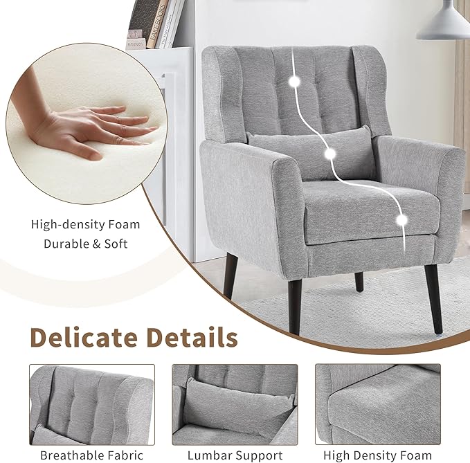 CHSICFOR Modern Accent Chair, Upholstered Arm Chair with Waist Pillow, Single Sofa Chair for Living Room Bedroom Small Spaces (Light Gray)