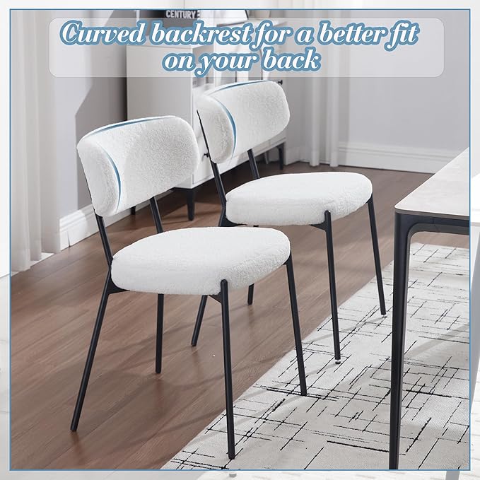 KCC Boucle Dining Chairs Set of 6, Modern Mid-Century Upholstered Stylish Kitchen Chairs Sherpa Accent Diner Chairs with Metal Legs and Curved Back for Kitchen, Dining Room(White)