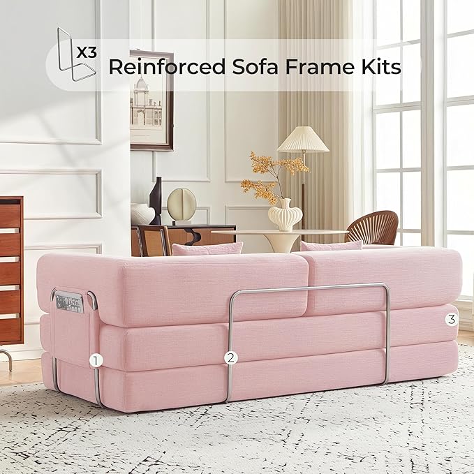 79" Convertible Sofa Bed with Pillows, Corduroy Folding Sleeper Sofa with Fixed-Shape Frame, Boneless Couch for Living Room Bedroom, Floor Sofa Lounge No Assembly Required (A - Style - Pink)