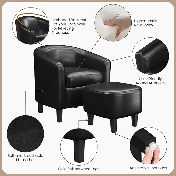 Yaheetech Accent Chair with Ottoman Set, Modern Faux Leather Upholstered Soft Barrel Chair and Footrest, Club Armchair and Footstool for Living Room/Bedroom/Reading Room/Guest Room, Black