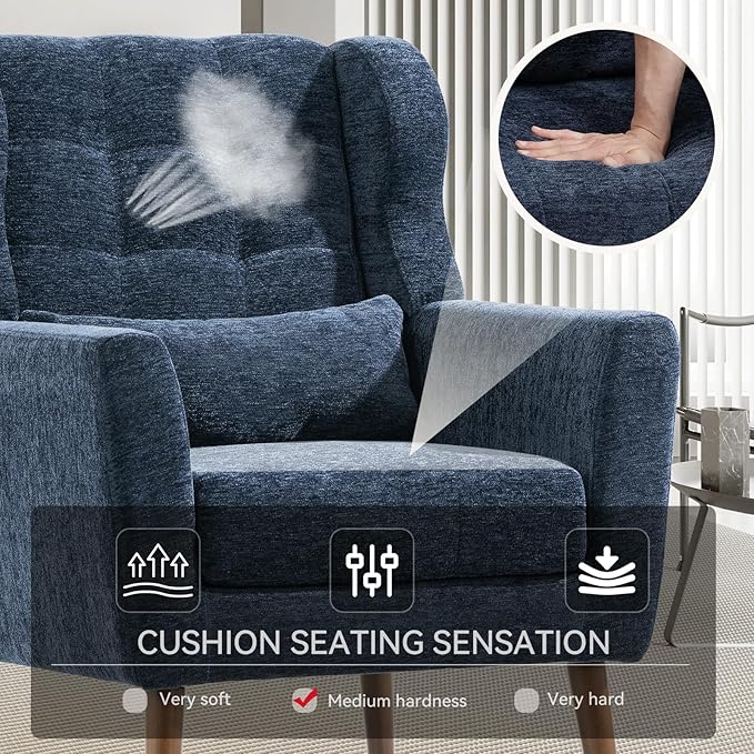 QKFF Accent Chair Set of 2, Upholstered Armchair with Pillow, Fabric Single Sofa Chair with Lounge Seat and Wood Legs Accent Chair for Living Room Small Spaces (Dark Blue, Set of 2)