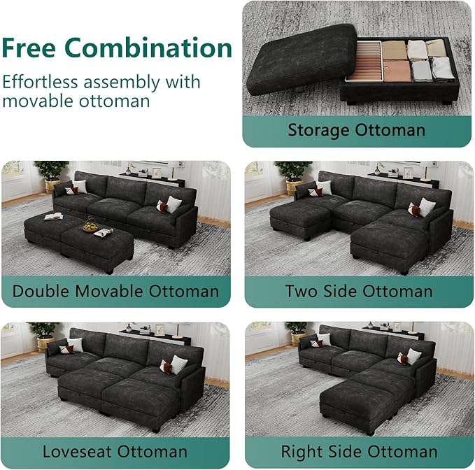 Modular Sectional U Shaped Sofa Couches for Living Room, Cloud Couch with Storage Ottoman, Comfy Chenille Sofa with Pillow, Black