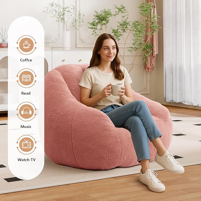 Setawix Bean Bag Chair with Filler, Comfy Teddy Bean Bag Chairs for Adults and Kids, Cozy BeanBag Sofa Fully Floor Couch with Memory Foam for Living Room Bedroom,Pink
