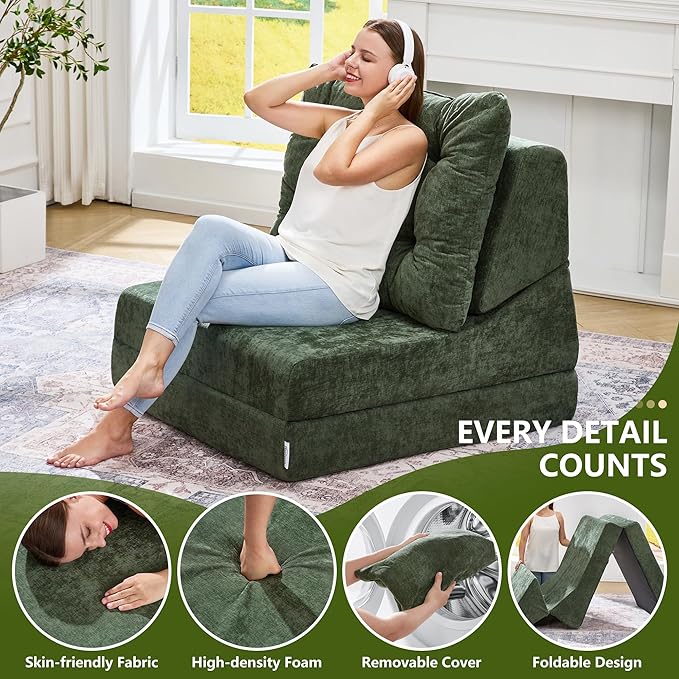 Hobestluk Sofa Couch Folding Sofa Bed Comfy Floor Lounger Convertible Sofa with Removable Cushion Couches for Small Spaces Foldable Mattress for Living Room Bedroom or Office (Chenille Green, Large)