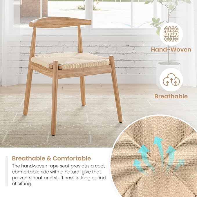 Farini Mid Century Modern Dining Chairs Set of 2, Solid Wood Frame Kitchen Chairs with Woven Upholstered Seat for Dining Room & Breakfast Nook,Natural-Beige