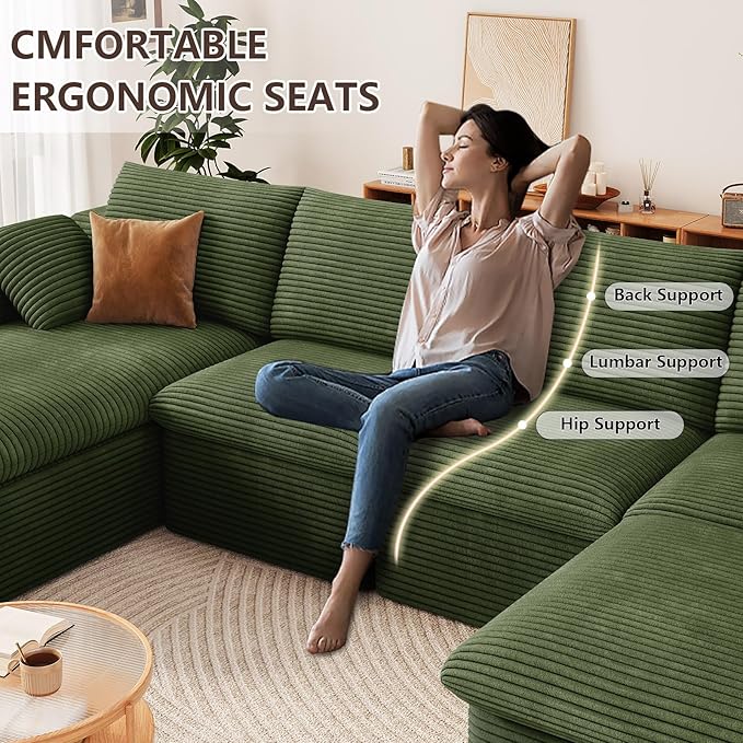 136" Cloud Modular Sectional Sofa with 1 Ottoman, Modern Upholstered Corduroy Couches, Comfort U Shaped Sofa for Living Room, Deep Seat Boneless Couch, No Assembly Required(Green,Left Facing Chaise)