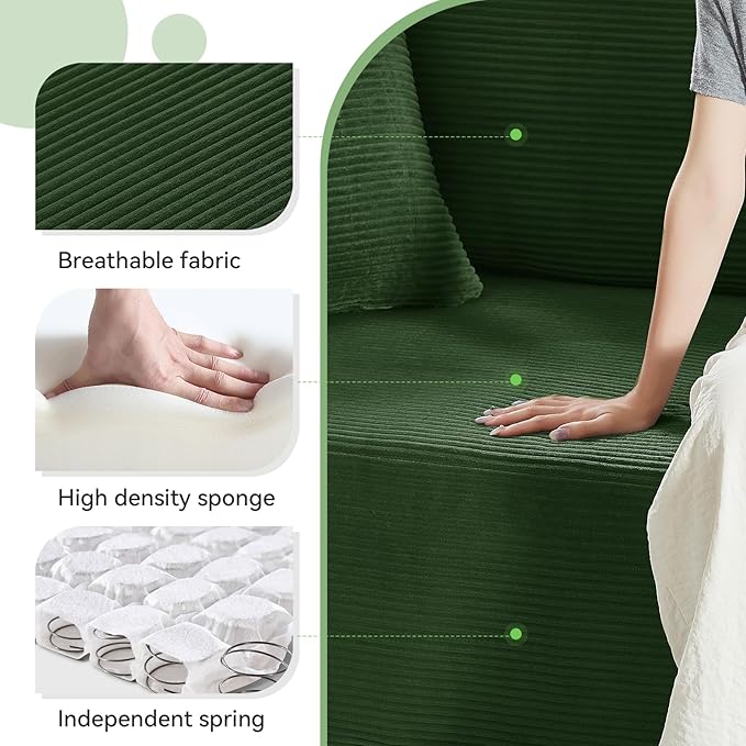83" Sofa in a Box, 3 Seater Couch No Assembly Boneless Sofa Bed with Cushion Back 2 Matching Pillows Deep Seat Corduroy Fabric Side Storage Pockets for Living Room, Bedroom, Apartment, Office, Green
