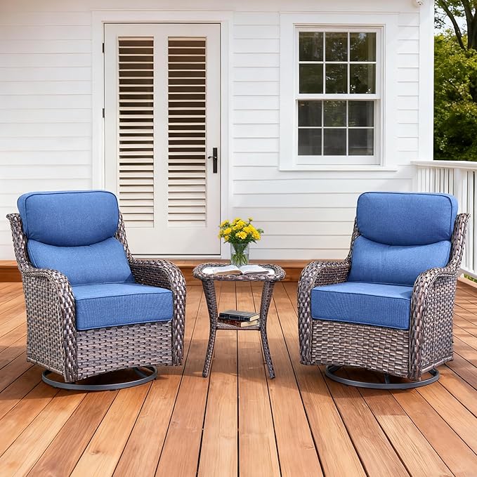 Pugire Luxury Outdoor Swivel Rocker Patio Chairs Set of 3, High Back Swivel Patio Chairs with Side Table & 6-Inch Thick Cushions, Wicker Outdoor Bistro Set for Porch, Yard, Deck, Poolside, Brown/Blue