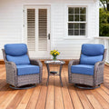 Pugire Luxury Outdoor Swivel Rocker Patio Chairs Set of 3, High Back Swivel Patio Chairs with Side Table & 6-Inch Thick Cushions, Wicker Outdoor Bistro Set for Porch, Yard, Deck, Poolside, Brown/Blue