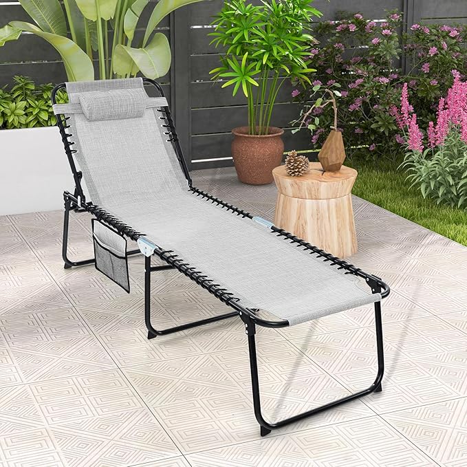 Goplus Chaise Lounge Chair Outdoor, Folding 5-Postion Beach Lounger with Detachable Pillow, Side Pocket, Sunbathing Lounge Chair, Adjustable Tanning Chair for Patio Lawn Pool Yard