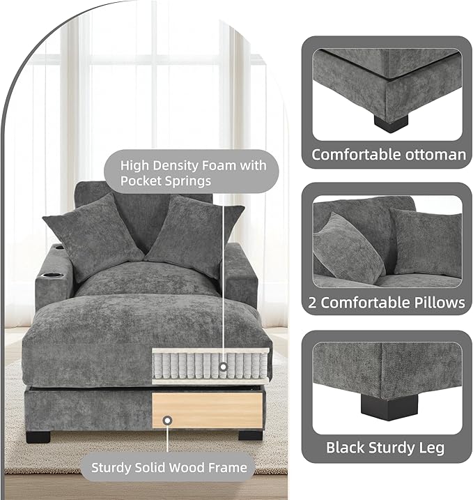 Oversized 60" Chaise Lounge Sofa, Chaise Lounge Recliner with Adjustable Backrest, Built-in Cup Holder USB and Type-C Port, 2 Pillows, Sleeper Couch with Deep Seat for Living Room, Bedroom, Gray