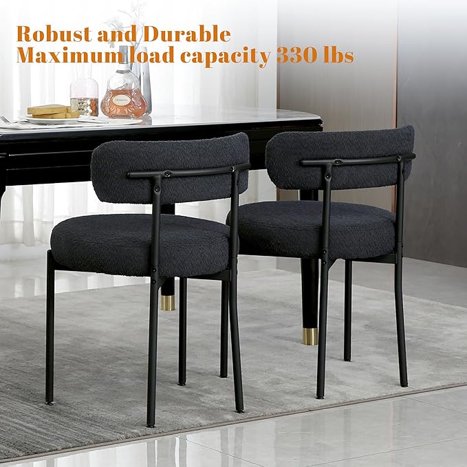 DYHOME Black Boucle Dining Chairs Set of 4, Modern Upholstered Dining Chairs with 4" Thick Cushion and Sturdy Metal Legs for Dining Room, Kitchen