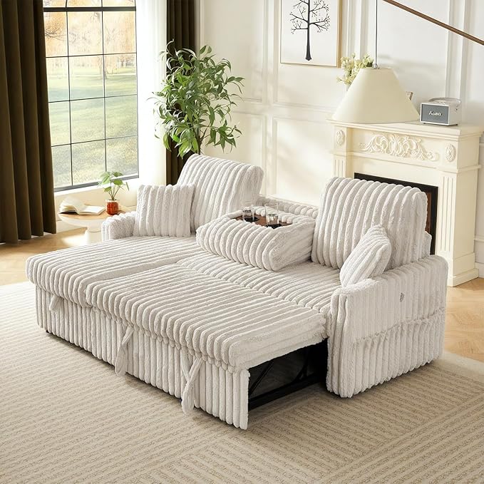 Sleeper Sofa Bed, 81” Pull Out Couch Bed with Reversible Storage Chaise, 3 in 1 L-Shaped Couch with Charging Station, Cup Holder, Side Pocket, Plush Corduroy Couches for Living Room(Beige)