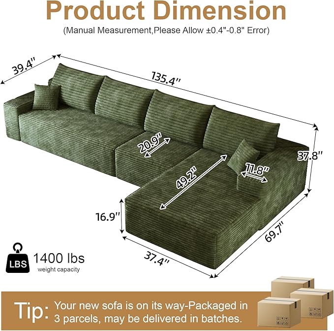 AUGOP 136" Sectional Couches for Living Room Modern Modular Sofa with L-Shape Couchs Upholstered Boneless Couch Deep Seat Sectional Couch with Chaise (Green, Right Facing Chaise+3Seaters)