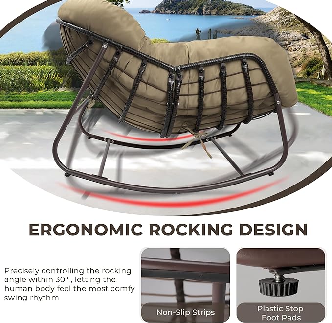 Sgentle Papasan Rocking Chair Outdoor, Oversized Patio Rocking Chair with Cushions & Steel Frame, Wicker Egg Lounge Chair Indoor, Comfy Reading Chair for Patio, Deck, Porch (Khaki, Style 1)