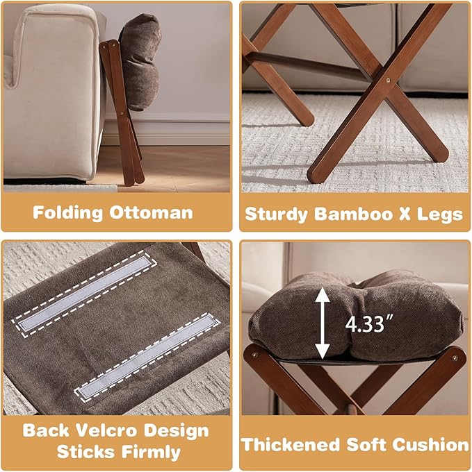 Folding Foot Stool, Small Accent Ottoman with Thick Cotton Cushion & Bamboo X Legs, Modern Padded Sofa Stool for Makeup Bedroom Living Room (Brown)