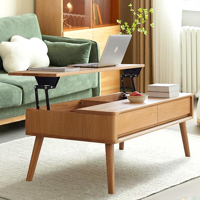 QKFF Wood Lift Top Coffee Table, 100% Solid Oak Wood Small Rising Dining Center Tables with Storage Shelf and Hidden Compartment for Living Room 48D x 26W x 26H