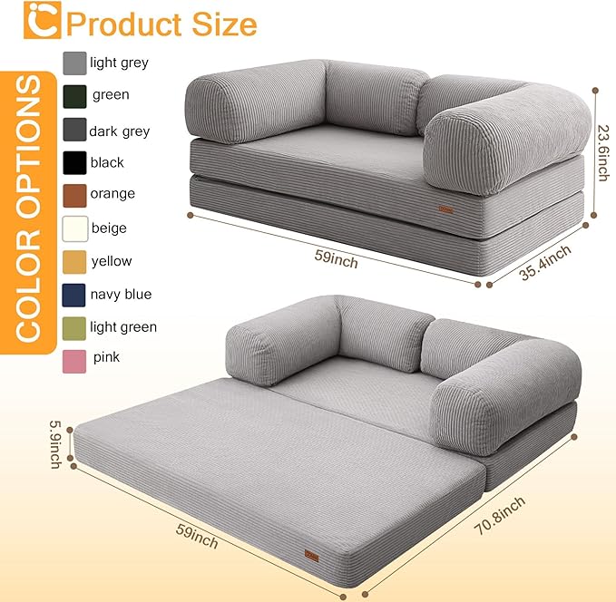 COMAX Futon Sofa Bed, 4-in-1 Floor Foldable Sofa Couch Bed with L-Shaped Armrests, Convertible Folding Chair Bed Sleeper Mattress Fold Out Lounge for Living Room Bedroom, Light Grey