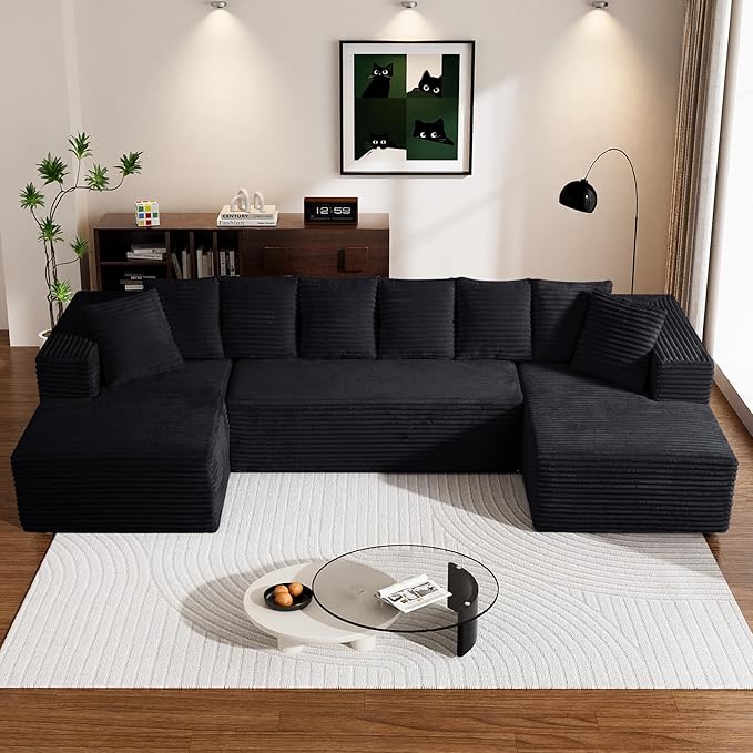 Modular Sectional Sofa, 130" U Shaped Cloud Couch Plush Corduroy Comfy Deep Seat Boneless Sofas with 8 Pillows Double Chaise Lounge Sectional Couches with Memory Foam for Living Room - Black