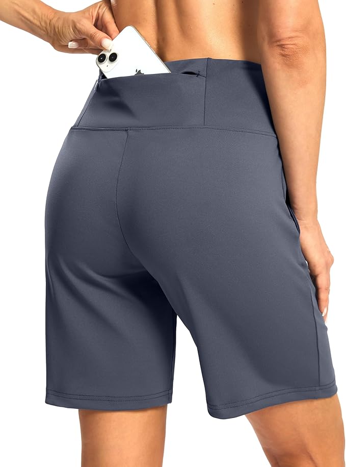 Women's Athletic Shorts with Zipper Pocket 7" High Waisted Stretchy Bermuda Shorts for Women Workout Running Casual