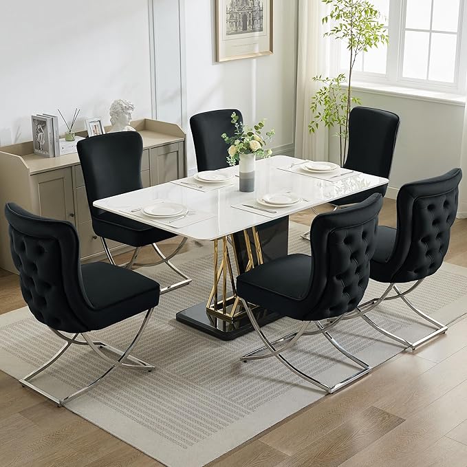 WUTUTUEE Luxury Velvet Dining Chairs, Tufted Upholstered Armless Accent Chairs with Silver Metal X-Legs, Modern Glam Dining Room Chair Set of 4, Black